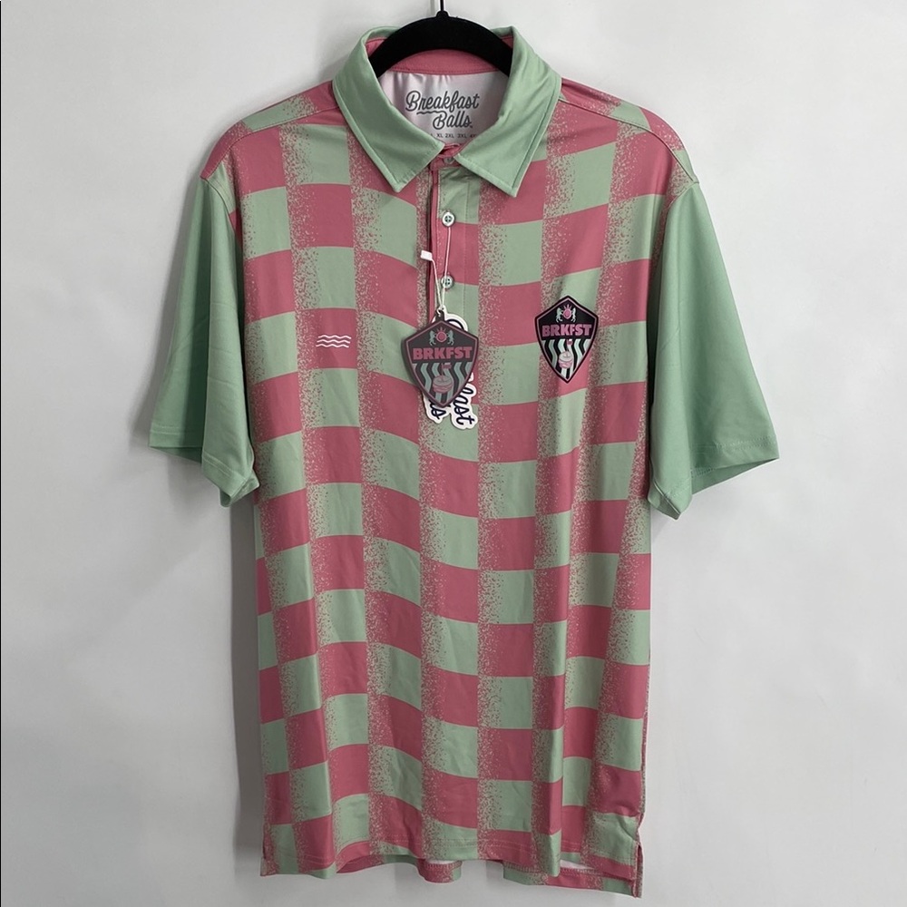 RSVLTS Breakfast Balls Tea Time Green Pink Checkered Polo Shirt Casual Size XS